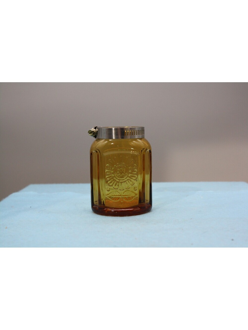 Vintage Wheaton NJ Amber Glass Sunflower Canister Jar Metal Clamp Lid 1970s